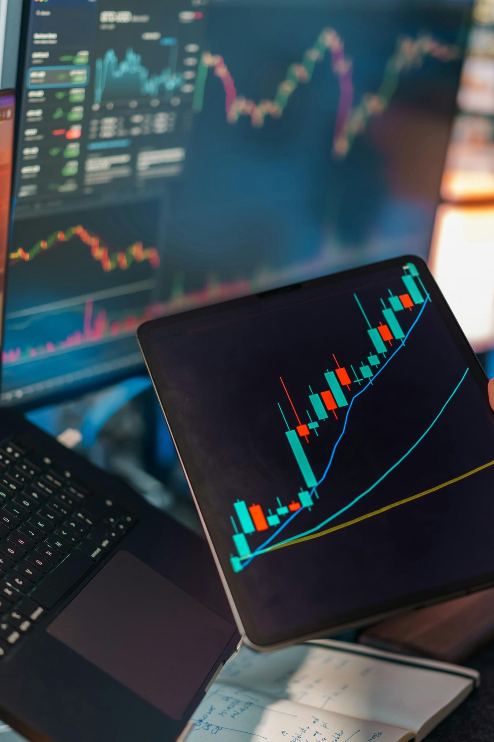 A tablet displaying a candlestick chart with a laptop screen showing stock market data for financial analysis.